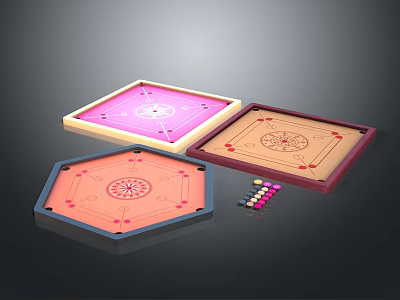 Different Shaped Tabletop Game Boards With Colorful Chips And Decorative Patterns 3d model