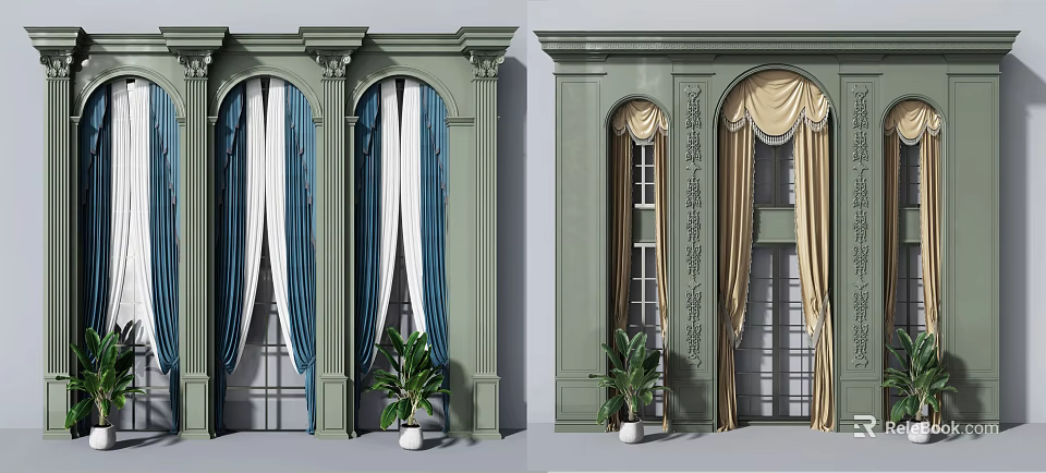 Blue White And Beige Curtains For Arched Windows With Columns And Plants 3d model 