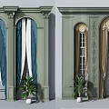 Blue White And Beige Curtains For Arched Windows With Columns And Plants