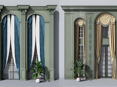 Blue White And Beige Curtains For Arched Windows With Columns And Plants 3d model