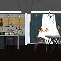 Modern Restaurant Interior With Wooden Cabinets Stone Wall Dark Curtains Dining Table And Chairs