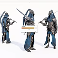 Game and Movie Character in Armored Blue Cloth Outfit With Sword in Three Different Poses