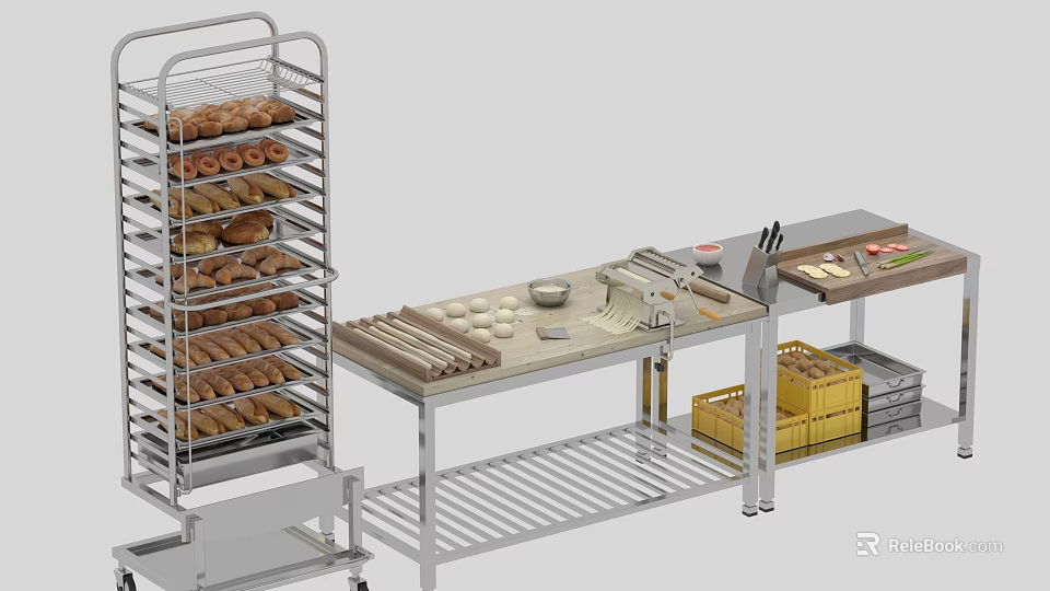 Stainless Steel Commercial Kitchen Baking Tools With Bread Rack Workbench Dough Bowls And Crates 3d model 