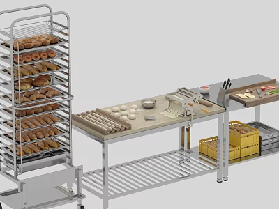 Stainless Steel Commercial Kitchen Baking Tools With Bread Rack Workbench Dough Bowls And Crates 3d model