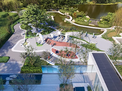Scenic Garden Landscape With Pond Walkways Seats Greenery And Modern Building 3d model
