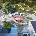 Scenic Garden Landscape With Pond Walkways Seats Greenery And Modern Building