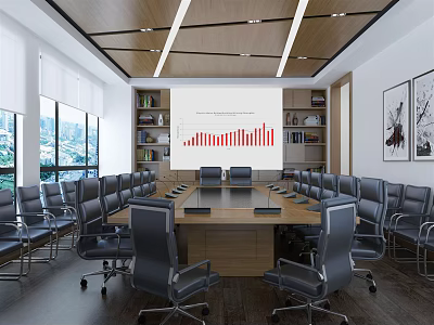 Modern Conference Room Featuring Long Meeting Table Chairs Projection Screen Bookshelves Windows and Decorative Art 3d model