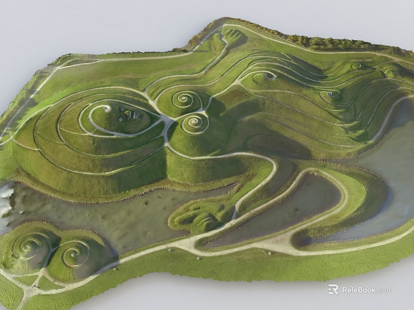 Green Spiral Landscape With Rolling Grassland And Winding Paths Near Water Area 3d model 