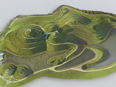 Green Spiral Landscape With Rolling Grassland And Winding Paths Near Water Area 3d model