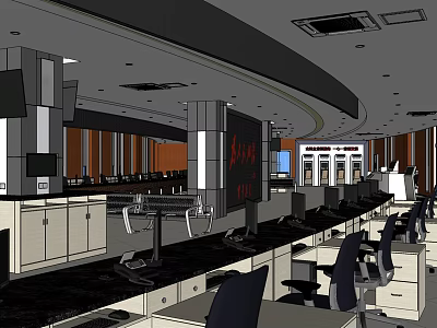 Modern Service Hall Interior With Workstations Computers Office Chairs And Digital Screens 3d model