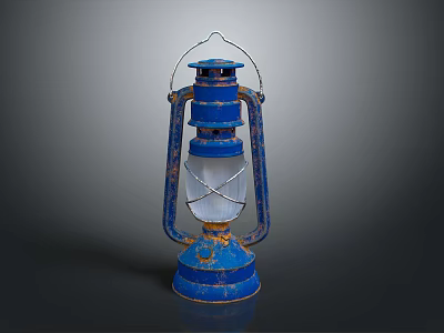 Vintage Blue Rusted Kerosene Lamp With Metal Frame And Glass Shade 3d model