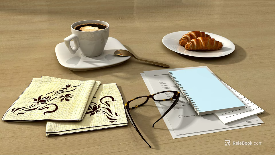 Tabletop Decorative Ornament Set with Coffee Cup Saucer Spoon Croissants Notebooks and Glasses 3d model 