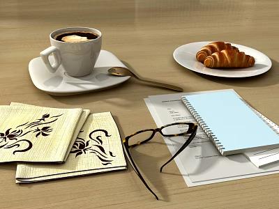 Tabletop Decorative Ornament Set with Coffee Cup Saucer Spoon Croissants Notebooks and Glasses 3d model