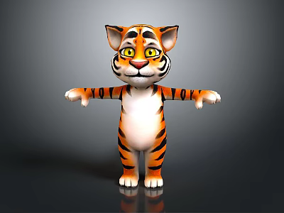Cartoon 3D Tiger Character With Orange Black Stripes White Belly Yellow Eyes Standing Open Arms 3d model