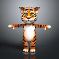 Cartoon 3D Tiger Character With Orange Black Stripes White Belly Yellow Eyes Standing Open Arms
