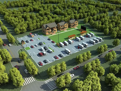 Aerial View Planning for Residential Community With Parking Lot Green Areas and Trees 3d model