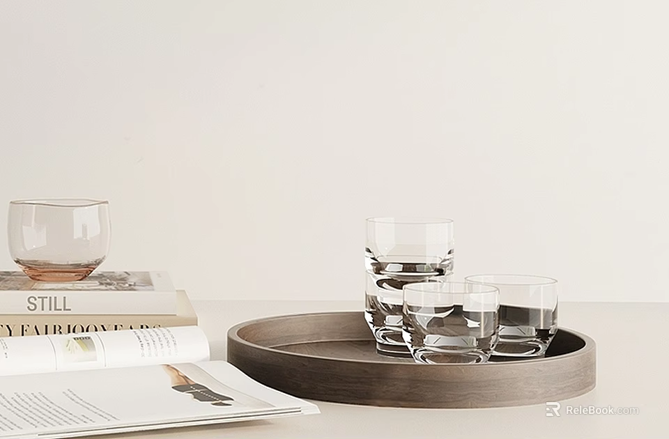 Decorative Ornament Set With Wooden Tray Transparent Glass Cups Books And Open Magazine 3d model 