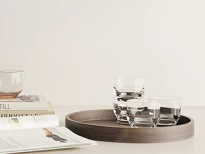 Decorative Ornament Set With Wooden Tray Transparent Glass Cups Books And Open Magazine 3d model