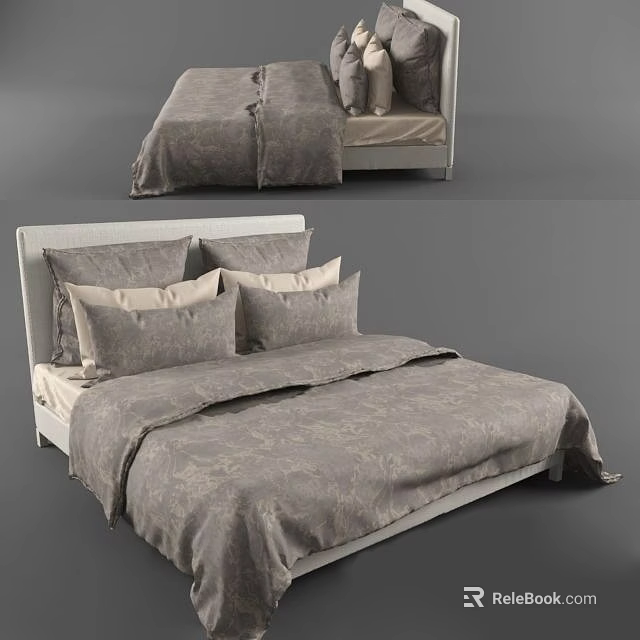 Modern Double Bed With Gray Bedding Light Gray Headboard And Pillows 3d model