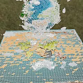 Cartoon Scenery of Earth with Green Trees White Clouds Colorful Continental Plates on Blue Base
