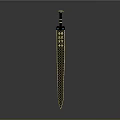Ornate Golden Sword Featuring Black Checkered Design And Blue Gemstone Hilt