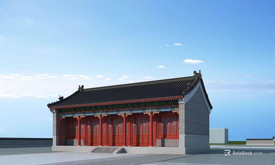 Ancient Chinese Architecture With Black Roof Red Wooden Doors Ornate Eaves And Blue Sky 3d model 