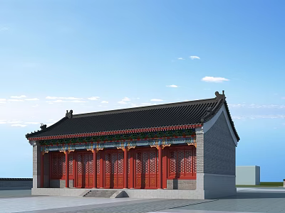 Ancient Chinese Architecture With Black Roof Red Wooden Doors Ornate Eaves And Blue Sky 3d model
