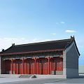 Ancient Chinese Architecture With Black Roof Red Wooden Doors Ornate Eaves And Blue Sky