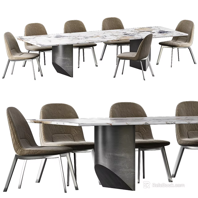 Modern Dining Table Set With Marble Top Metal Base And Upholstered Dining Chairs 3d model
