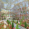 Glass Greenhouse Garden With Dome Ceiling Arched Windows Lush Plants And Elegant Chandelier
