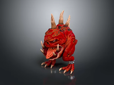 3D Model Red Spiked Creature Character with Fangs Tongue Out and Metal Restraints 3d model
