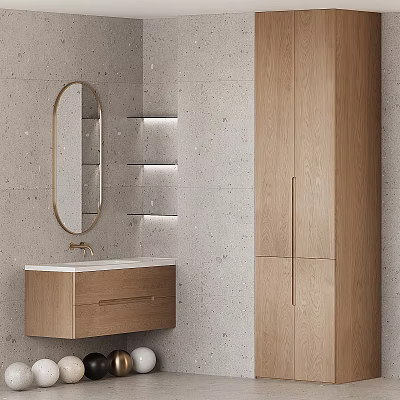 Modern Wooden Bathroom Vanity With Gold Frame Oval Mirror Grey Concrete Wall And Lit Shelves 3d model