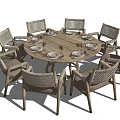 Round Wooden Dining Table Set With 8 Rattan Chairs And White Plates