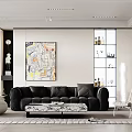 Modern Living Room Interior With Black Sofa Marble Coffee Table Abstract Painting And Glass Cabinet