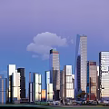 Modern Tall Office Buildings With Glass Facade And Urban Sunset Skyline