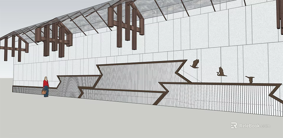 Modern Feature Wall Design With Wooden Hanging Elements Linear Patterns And Bird Sculptures 3d model