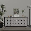 Stylish Grid Design Sideboard with Palm Plant Framed Poster and Modern Floor Lamp