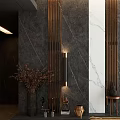 Modern Luxury Foyer Hallway With Marble Wall Metal Accents Wall Lamp Vase And Decorative Pieces