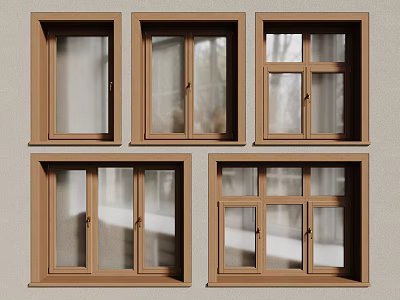 Various Brown Frame Casement Windows With Different Design Styles And Glass Panels 3d model