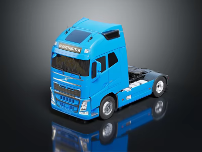 Blue Volvo Truck Model Featuring Detailed Cab And Reflection On Dark Surface 3d model