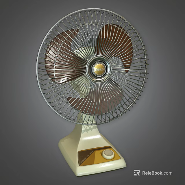 Air Conditioner Fan With Metal Grille Brown Blades White Base And Yellow Control Button 3d model 