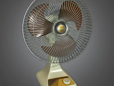 Air Conditioner Fan With Metal Grille Brown Blades White Base And Yellow Control Button 3d model