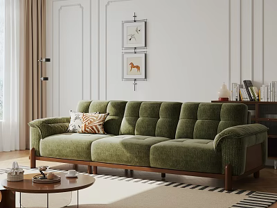 Vintage Green Upholstered Three Seater Sofa With Solid Wood Frame For Cozy Living Room 3d model