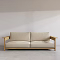 Minimalist Two Seater Sofa With Beige Cushions And Wooden Frame In Bright White Living Room