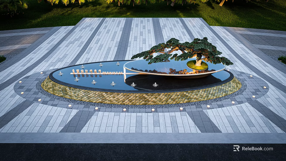 Tranquil Garden Ornament with Circular Water Feature Pine Tree Small Bridge and Paved Surroundings 3d model 