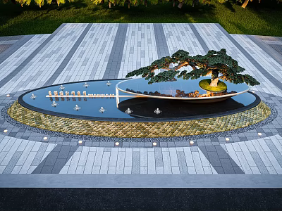 Tranquil Garden Ornament with Circular Water Feature Pine Tree Small Bridge and Paved Surroundings 3d model