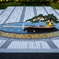 Tranquil Garden Ornament with Circular Water Feature Pine Tree Small Bridge and Paved Surroundings