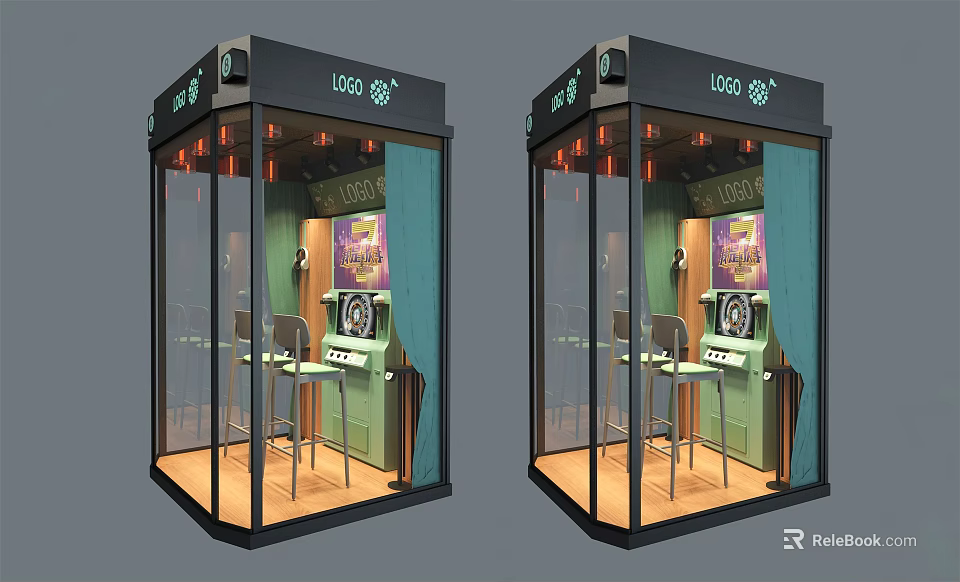 Public Facility Glass Booth Interior With Tables Chairs Decorative Painting Logo And Lighting 3d model 