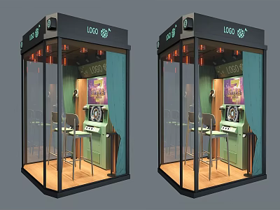 Public Facility Glass Booth Interior With Tables Chairs Decorative Painting Logo And Lighting 3d model