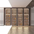 Chinese Style Wooden Display Cabinets With Bottled Items And Lattice Panels
